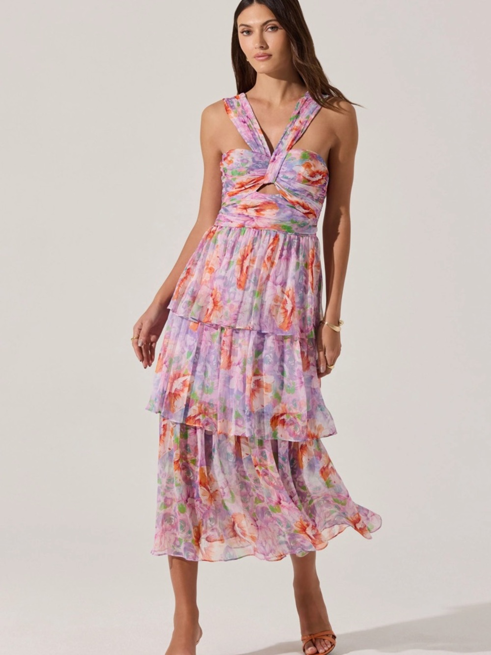 ASTR the Label Floral Tiered Lavender Midi Dress with Twist Bodice